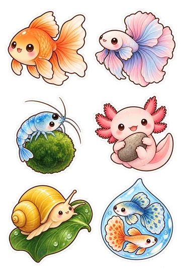 Six autocollants kawaii pour animaux de compagnie : poisson rouge orange rond avec des nageoires fluides, poisson betta pastel avec une large queue volante, minuscules crevettes bleues d'aquarium enroulées autour d'une boule de mousse, axolotl rose tenant un caillou lisse, escargot mystérieux jaune accroché à une large feuille d'eau, deux petits guppys encerclant ensemble dans une seule silhouette de goutte d'eau claire.
