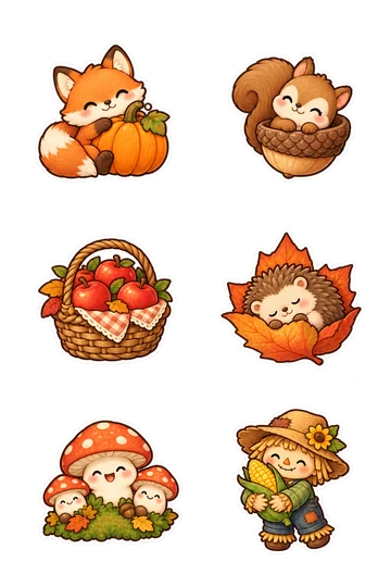 Sechs Sticker zum Thema „Herbsternte“: Fuchs umarmt einen Kürbis, Eichhörnchen sitzt in einer Eichel Tasse, gewebter Korb mit roten Äpfeln gefüllt, verschlafen Igel in einem Ahornblatt versteckt, Lächeln Pilz Trio wächst auf einer Moosbasis, kleine Vogelscheuche mit einem Ohr Mais.