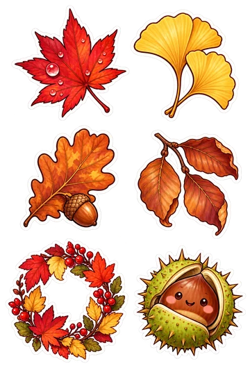 Six illustrated Nature stickers: Scarlet maple leaf with dewdrops, Golden fan-shaped ginkgo leaf pair, Burnt-orange oak leaf with one small acorn, Copper beech twig with three curled leaves, Little wreath of red and gold leaves with a berry cluster, Friendly round chestnut peeking out of its green spiky husk.