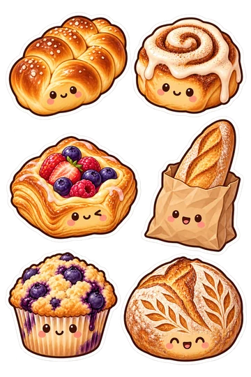 Six kawaii food stickers: braided brioche loaf, cinnamon roll with icing, berry danish, paper bag holding a baguette, blueberry muffin, round sourdough loaf with wheat scoring.