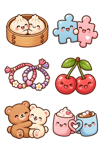 Six kawaii friendship and gift stickers: two smiling dumplings cuddled in one bamboo tray, two puzzle-piece friends fitted together, pair of friendship bracelets interlocked, two smiling cherries joined by stems, pair of bears giving a side hug, two mugs touching with handles forming a heart.
