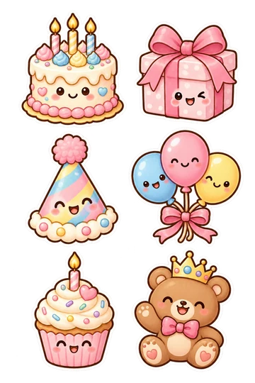 Six kawaii friendship and gift stickers: round frosted birthday cake with three connected candles, ribbon-wrapped birthday present with big bow, party hat with pompom attached, cluster of three balloons with ribbons gathered into one bow, cupcake with one lit candle, flame connected, smiling bear wearing a party crown.