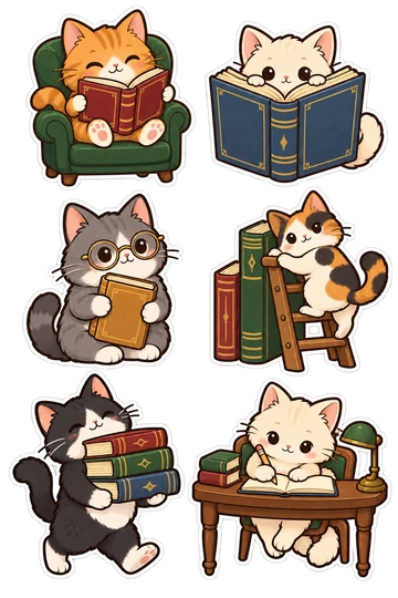 Six original bookish cats stickers with rounded dark outlines and white cut borders: cat reading in armchair, kitten hiding behind open book, cat with reading glasses, cat on book ladder, cat carrying book stack, cat writing in notebook.