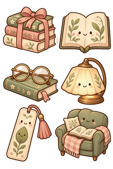 Six kawaii identity stickers: stack of three books tied with a ribbon, open illustrated book with simple leaf shapes and no writing, reading glasses resting on a closed book, small floral desk lamp with warm glowing shade, bookmark with tassel attached and a smiling leaf motif, armchair with an open book resting on its cushion.