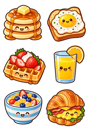 Six kawaii food stickers: buttered pancake stack with maple syrup, fried egg on toast, waffle with strawberries, orange juice glass, striped cereal bowl with berries, croissant breakfast sandwich.