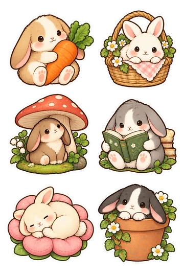 Six kawaii pets stickers: lop-eared rabbit hugging a carrot, white rabbit nestled inside a wicker basket, brown bunny sitting under a mushroom canopy on a tiny base, gray bunny reading an open book held in its paws, cream rabbit curled on a flower-shaped cushion, black-and-white rabbit peeking from a terracotta flowerpot.