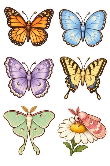 Six illustrated Nature stickers: Orange monarch-inspired butterfly with black patterned wings, Sky-blue butterfly with rounded open wings, Lavender butterfly with scalloped wing edges, Yellow swallowtail-inspired butterfly with long delicate tail wings, Mint-green luna moth with curved tail wings, Small rosy moth perched on a single white daisy.