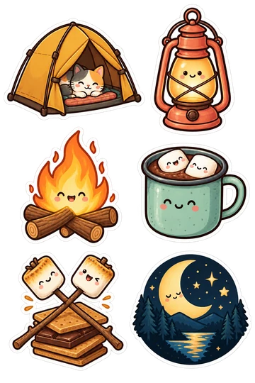 Six autocollants de nuits de camping kawaii: tente avec chat endormi, lanterne de camp, feu de camp, cacao chaud et guimauves, s'mores et bâtons de pain grillé, forêt de pins au clair de lune.