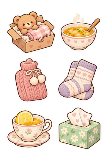 Six kawaii friendship and gift stickers: open care box holding a plush bear and folded blanket, warm bowl of soup with spoon resting inside, soft hot-water bottle in knitted cover, cozy socks folded together, teacup with lemon slice resting on rim, tissue box with one heart-pattern tissue connected at opening.