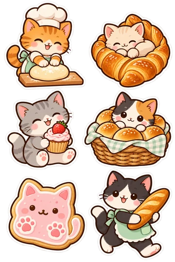 Six original cat bakery stickers with rounded dark outlines and white cut borders: cat baker kneading dough, kitten curled inside a croissant, cat holding a strawberry cupcake, kitten peeking from a bread basket, cat-shaped sugar cookie with icing, cat in an apron carrying a baguette.