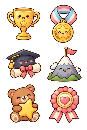 Six kawaii friendship and gift stickers: golden trophy cup with star emblem, medal on connected looped pastel ribbon, graduation cap resting on rolled diploma tied with bow, no writing, smiling mountain with a little flag planted at peak, cheerful bear holding a large star against its chest, ribbon rosette with heart center and attached tails.
