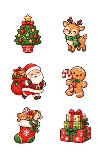 Six kawaii seasonal stickers: small decorated Christmas tree in a red pot, smiling reindeer wearing a green scarf, round Santa carrying a gift sack, gingerbread person holding a candy cane, stuffed red stocking with toys peeking out, stack of three ribbon-wrapped Christmas presents.