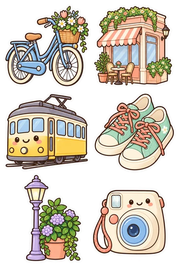 Six kawaii city stroll stickers: flower-basket bicycle, corner cafe, yellow tram, mint sneakers, streetlamp and potted flowers, instant camera.