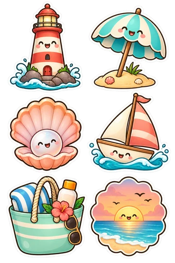 Six kawaii coastal getaway stickers: striped lighthouse, beach umbrella, pearl seashell, sailboat, beach tote, seaside sunset.