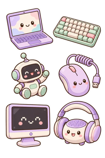 Six kawaii identity stickers: open lavender laptop with simple abstract color blocks on the screen, mint mechanical keyboard with blank keycaps, tiny cheerful desk robot with antenna attached, purple computer mouse with a coiled attached cord, desktop monitor holding a smiling pixel-like face, no text, headphones resting around a small round speaker.