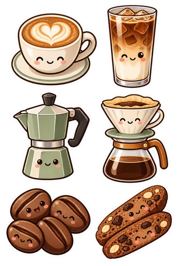 Six kawaii food stickers: ceramic cappuccino cup with heart latte art, tall iced latte glass, little moka pot, pour-over dripper on a carafe, coffee bean cluster, chocolate biscotti pair.