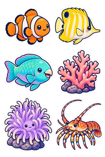 Six kawaii ocean stickers: orange-and-white clownfish, yellow longnose butterflyfish, turquoise parrotfish with a beak, branching pink coral cluster, lavender sea anemone on a small rock, small spotted reef lobster.