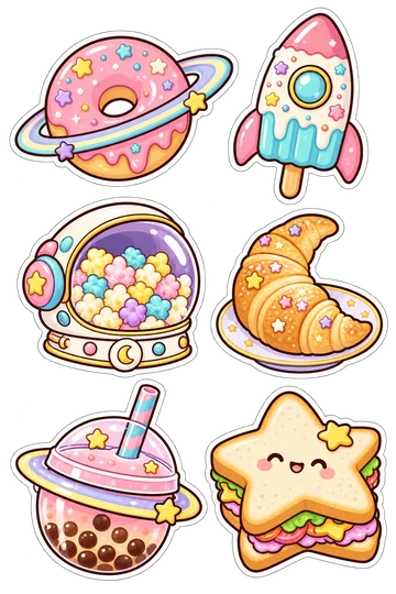 Sechs kosmische Snack-Sticker: ein pastellfarbener Donut in Ringplanetenform; ein raketenförmiges Eis am Stiel mit winzigen Sternstreuseln; ein Astronautenhelm voller buntem Popcorn; ein Mondsichel-Croissant auf einem kleinen Teller; ein planetenförmiger Bubble Tea mit Saturnringdeckel; ein Stern-Sandwich mit lächelndem Gesicht und bunter Füllung.