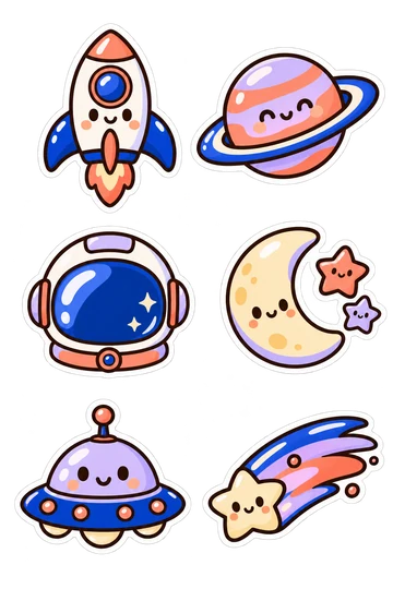 Six space stickers: a rocket, planet, astronaut helmet, moon, UFO and comet