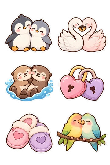 Six kawaii friendship and gift stickers: two penguins snuggling cheek to cheek, pair of swans whose necks form a heart and bodies touch, two otters holding paws on one small wave base, two interlocked heart-shaped locks, pair of slippers overlapping with heart emblems, two lovebirds touching on one curved branch.