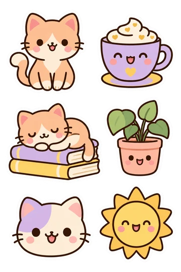 Six cozy stickers: cats, coffee, books, a plant and sunshine