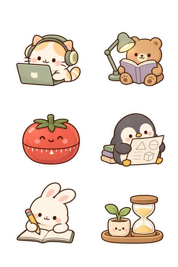Six kawaii workstudy stickers: cat wearing large headphones behind a laptop, bear reading an open book beneath a small connected desk lamp, smiling tomato-shaped timer without numbers, penguin studying a sheet with only geometric diagrams, calm bunny writing with a pencil in an open notebook, tiny sprout growing beside a sand timer on a shared little tray.