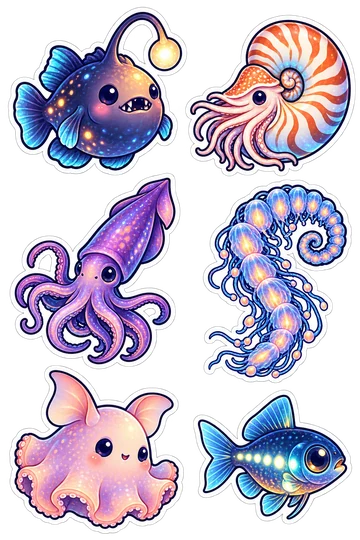 Six kawaii ocean stickers: round anglerfish with a glowing lure, chambered nautilus with striped shell, small purple giant squid with tapered mantle, curled ribbon-shaped siphonophore colony, dumbo octopus with ear-like fins, tiny blue lanternfish with glowing dotted sides.