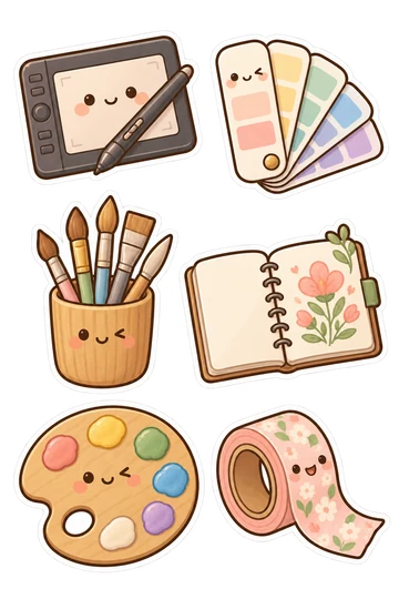 Six kawaii identity stickers: drawing tablet with stylus resting across it, fan of rounded pastel color swatches joined at a pivot, wooden cup holding paintbrushes, open sketchbook with a simple floral drawing, rounded artist palette with six paint spots, roll of washi tape with attached peeled end.