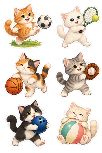 Six autocollants de chat: chat roux donnant un coup de pied à un ballon de football sur un petit carré d'herbe; chaton blanc tenant une raquette de tennis contre une balle de tennis; chat calicot rebondissant un basket-ball avec une patte le touchant; chaton gris portant un gant de baseball et tenant une balle; chat noir et blanc portant une balle de bowling avec trois trous de doigts; chaton crème étreignant une balle de plage rayée tout en s'asse.