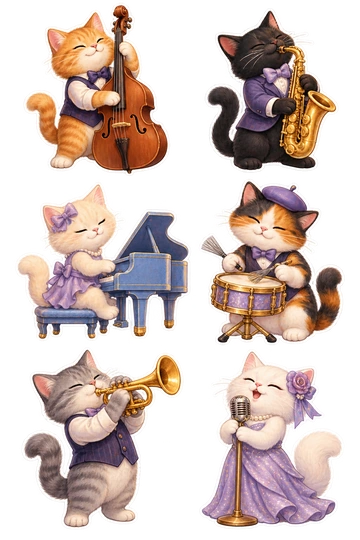 Six cat stickers: ginger cat playing a tiny upright bass; black cat wearing a bow tie and playing a brass saxophone; cream kitten sitting at a small blue piano; calico cat brushing a little snare drum; gray cat playing a golden trumpet; white cat singing into a vintage microphone held in its paws.