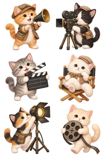 6 款「片场小猫」贴纸：导演橘猫、摄影机黑白猫、灰猫、白猫、调灯三花猫、奶油猫。