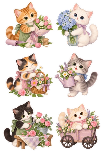 「花屋のねこたち」のオリジナルシール6点。ねこ、花、お店をモチーフにしたシート。