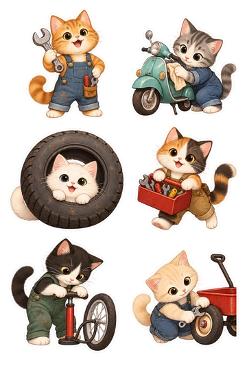 Six cat stickers: ginger cat wearing overalls and holding a chunky wrench; gray kitten polishing a small teal scooter; white cat peeking from inside a round tire; calico kitten carrying an open toolbox; black-and-white cat checking a tiny bicycle pump; cream kitten tightening a wheel on a little red wagon.