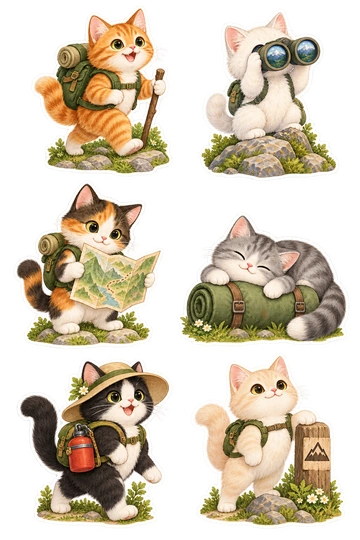 Six cat stickers: ginger tabby cat hiking with a green backpack and walking stick; white kitten looking through binoculars from a small rocky base; calico cat holding a folded trail map without words; gray kitten resting on a rolled sleeping mat; black-and-white cat wearing a sunhat and carrying a red canteen; cream kitten proudly standing beside a short wooden trail marker with a mountain icon.