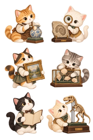 Six cat stickers: ginger cat using a soft brush on a small ceramic vase; white kitten holding a magnifier beside a fossil slab; calico cat carrying a little framed landscape; gray kitten arranging shells inside a glass display case; black-and-white cat holding a blank museum guidebook; cream kitten sitting beside a tiny dinosaur skeleton model on one base.