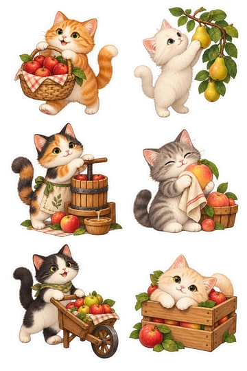 「果樹園を守るねこたち」のオリジナルシール6点。ねこ、果樹園、守り手をモチーフにしたシート。