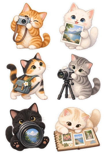 Six cat stickers: ginger tabby cat looking through a compact camera; white kitten holding a freshly printed landscape photo without words; calico cat carrying a camera bag with a tiny flower; gray kitten setting up a tripod camera; black kitten peeking through a large camera lens held in its paws; cream cat arranging three tiny photographs on a small scrapbook.