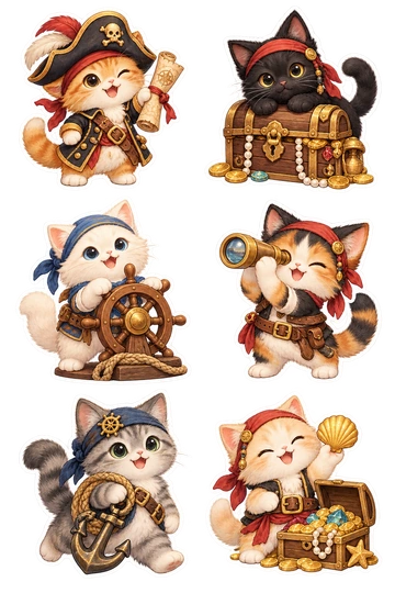 Sechs Sticker zum Thema „Piratenkätzchen“: Ingwerpiratenkatze trägt ein Dreispitz und hält eine gerollte Karte ohne Text; schwarzes Kätzchen thront auf einer kleinen Schatzkiste; weiße Katze steuert ein kleines hölzernes Schiffsrad; Calicokätzchen hält ein Messingteleskop an einem Auge; graue Katze trägt einen winzigen Anker, der an einer Seilspule befestigt ist; Cremekätzchen hält stolz eine goldene Muschel neben einer offenen Schatzkiste.