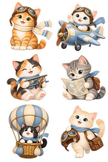 Six cat stickers: ginger cat wearing flight goggles and a cream scarf; white kitten piloting a small blue propeller plane; calico cat holding a model biplane in both paws; gray kitten studying a simple flight map without words; black-and-white cat sitting in a tiny hot-air-balloon basket attached to the balloon; cream kitten carrying a flight helmet and small travel satchel.