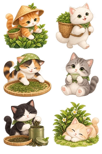 「茶摘みのねこたち」のオリジナルシール6点。ねこ、お茶、収穫をモチーフにしたシート。
