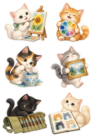 「水彩画のねこたち」のオリジナルシール6点。ねこ、水彩画をモチーフにしたシート。