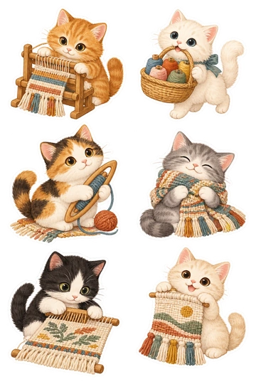 Six cat stickers: ginger cat weaving on a small wooden tabletop loom; white kitten carrying a basket of colorful yarn cones; calico cat holding a wooden weaving shuttle; gray kitten wrapping itself in a freshly woven scarf; black-and-white cat combing threads on a small woven panel; cream kitten displaying a little tasselled wall tapestry.