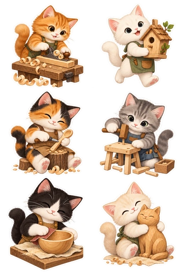 Six cat stickers: ginger cat planing a small wooden plank on a workbench; white kitten carrying a handmade birdhouse; calico cat carving a tiny wooden spoon; gray kitten assembling a miniature stool; black-and-white cat sanding a round wooden bowl; cream kitten hugging a carved wooden cat figurine.