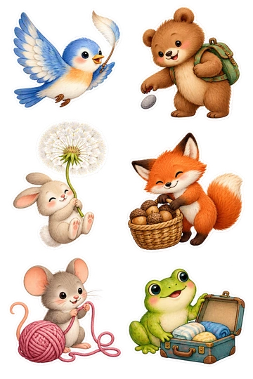 Six individual stickers: bird carrying a tiny feather like a flag; bear releasing a pebble from a small backpack; rabbit floating gently under a dandelion puff; fox setting down a heavy-looking acorn basket; mouse untangling one loose loop of yarn; frog sitting beside an opened tiny suitcase.