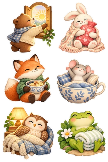 Six individual stickers: bear opening a little window toward a sun motif; rabbit cuddling a warm hot-water bottle; fox holding a bowl of oatmeal; mouse stretching inside a teacup bed; owl resting beside a soft morning lamp; frog sitting with a folded towel and flower.