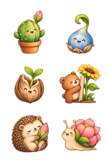 Six individual stickers: tiny smiling cactus with one emerging flower bud; round blue bulb with a single curled green shoot; cheerful seed pod opening to reveal one small sprout; small bear gently measuring its sunflower with a blank ruler; sleepy hedgehog cradling a closed tulip bud; happy snail wearing a blooming flower as its shell roof.