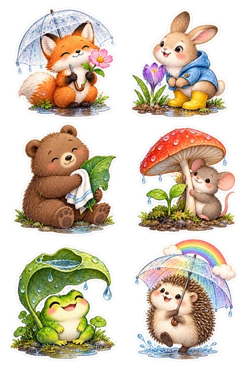 Six individual stickers: fox holding a flower under a transparent umbrella; rabbit in boots beside a newly blooming crocus; bear drying a wet leaf with a little towel; mouse sheltering a seedling under a mushroom; frog smiling beneath a curled rain-filled leaf; hedgehog with a tiny rainbow attached to its umbrella.