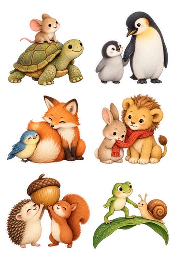 Six individual stickers: small mouse riding safely on a gentle tortoise shell; baby penguin holding the flipper of a slightly larger penguin; little bird leaning into a friendly fox's tail; shy rabbit borrowing a tiny lion's scarf; small hedgehog and squirrel lifting one acorn together; frog guiding a snail across a small curved leaf bridge.