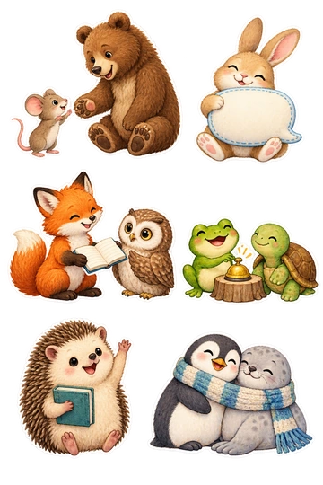 Six individual stickers: mouse reaching toward a friendly bear's paw; rabbit holding a blank speech bubble-shaped cushion; fox offering a small open notebook to an owl; frog tapping a little bell beside a turtle; hedgehog raising one tiny paw while holding a book; penguin leaning toward a seal with a shared scarf.