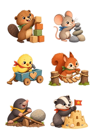 Six individual stickers: tiny beaver proudly adding a final wooden block to a small tower; mouse carefully balancing a pebble on a tiny cairn; chick patching a broken toy cart with a heart-shaped repair; squirrel tying a rope bridge between two little stumps; mole proudly lifting a smooth stone with a tiny lever; badger planting a little flag with a simple star shape on a handmade sandcastle.